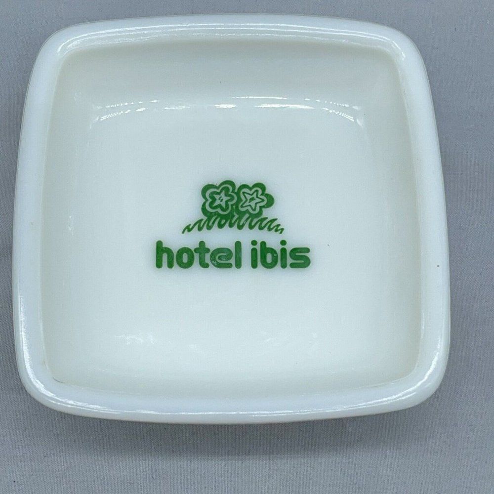 Vtg Milk Glass Hotel Ibis Green Logo Magnier France Trinket Dish Ashtray Soap